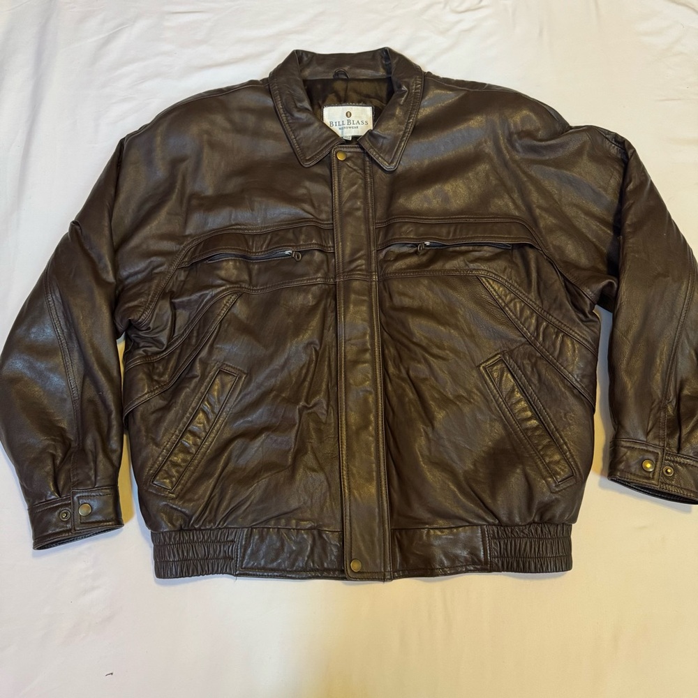 Vintage Bill Blass Leather Bomber Jacket XXL Brown Oversized 90s Gorpcore